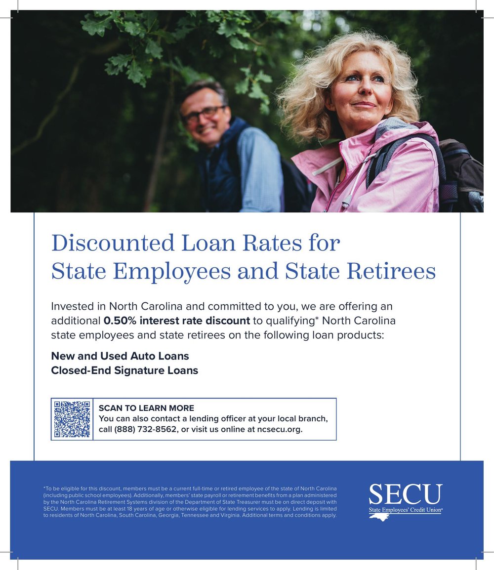 SECU advertisement — Discounted loan rates for state employees and state retirees